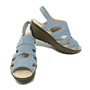 Skechers Stylin Suede Peep Toe Slingback Wedge Memory Foam Blue Womens Size 9